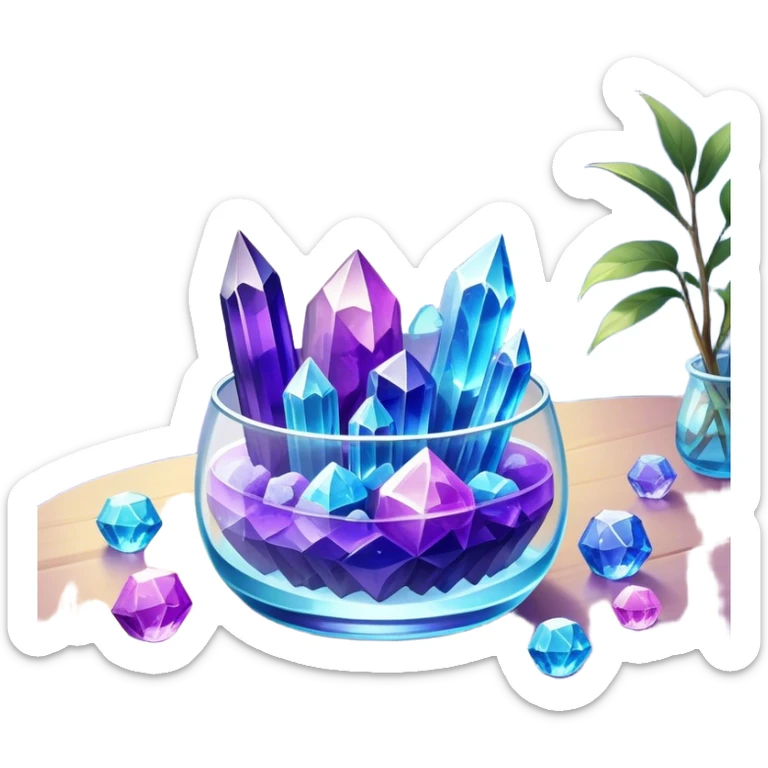 Close-up of vibrant crystals growing in a glass container on a table, with various colors like purple, blue, and clear. Some crystals are larger, while others are still forming. Soft light highlights their natural beauty. Background with a cozy indoor setting. sticker