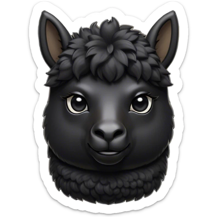 Cinematic Noble Black Alpaca Portrait Emoji, Poised and regal, with a striking, sturdy build and a sleek, well-groomed jet-black fleece, deep-set soulful dark eyes, Simplified yet sharp and sophisticated features, highly detailed, glowing with a soft, dignified glow, high shine, intelligent and mysterious, stylized with an air of elegant austerity, focused and attentive, soft glowing outline, capturing the essence of a watchful and confident companion, so majestic it feels as though it could stride out of the screen with effortless authority! sticker