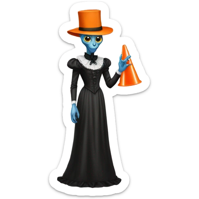 alien galora in Victorian dress elegant, full body, holding traffic cone sticker