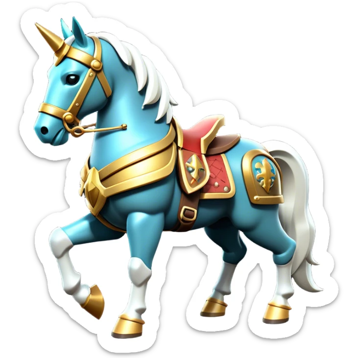 Clash of Clans aesthetic: Cinematic Playful Armored Horse Emoji, rendered in a 3D vector-style similar to standard emojis with minimal shading and bold, simplified shapes. A compact, isometric warhorse outfitted in intricately detailed armor with noble accents, softly glowing with a gallant medieval carriage charm. Simplified yet unmistakably iconic, highly detailed and consistent, glowing with a soft radiant shine and high polish. Stylized with a touch of heroic elegance and a soft glowing outline, capturing the essence of a noble steed ready for battle with a friendly, playful air! sticker