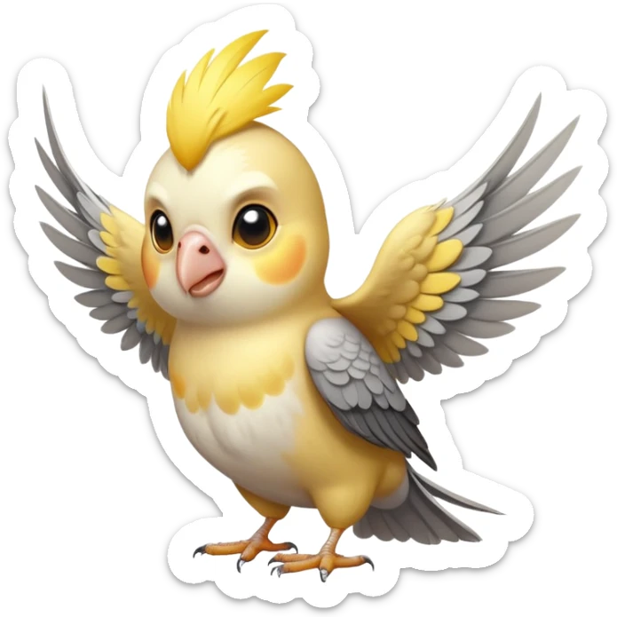 adorable-[cockatiel]-realistic-full-body-perched-emoji,-wings-tucked-neatly,-head-tilted-dramatically,-sleek-[yellow and grey]-feathers,-simplified-yet-realistic-focused-features,-highly-detailed,-glowing-with-an-almost-sarcastic-glow sticker