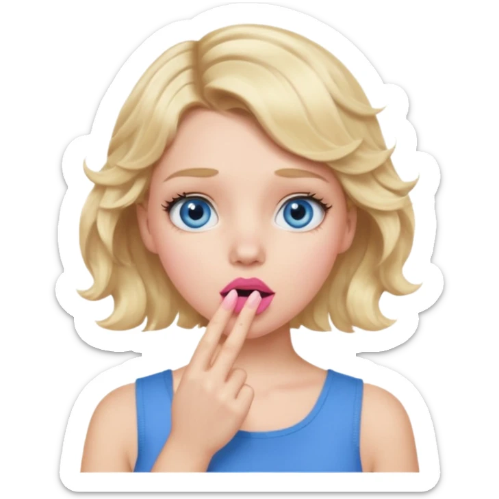 Girl Blonde short wavy hair,  blue eyes, cute blue top, long lashes, pink lips, shocked, hand over the mouth sticker