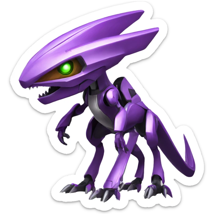 a purple-green Genesect-Raptor-Fakémon—hybrid with a futuristic visor-helmet full body sticker