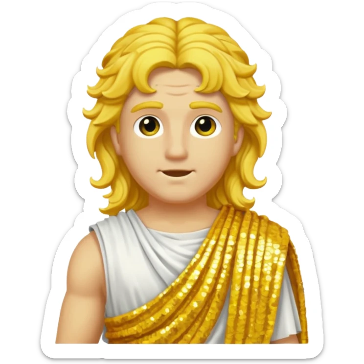 Apollo from Roman Deities with long yellow wavy hair, yellow sequin toga sticker