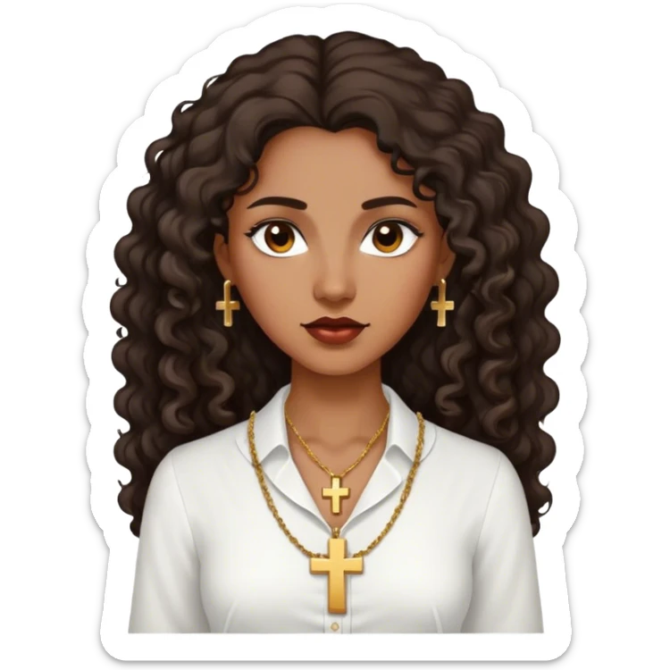 Dark Brown woman with dark curly long hair white dress shirt with gold small cross necklace no earrings sticker