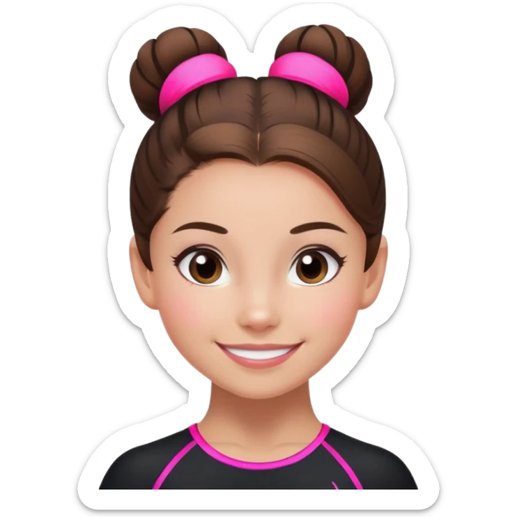Happy female gymnast with brown hair in a neat bun, wearing a black uniform with neon pink elements. sticker