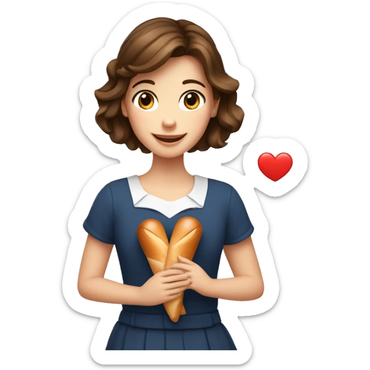 a french girl with brown hair and brown eyes holding a baguette, happy, doing a heart with her fingers on other hand sticker