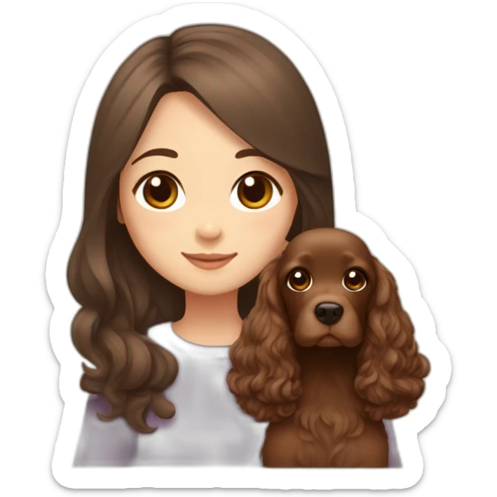 korean girl in long brown hair sits with brown cocker spaniel sticker