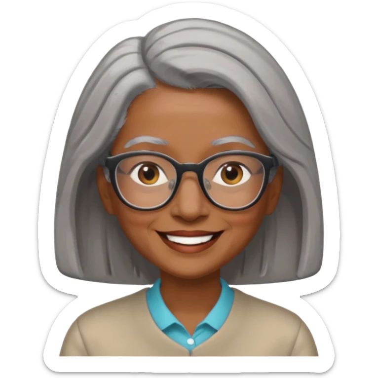 Older woman of color with gray shoulder length  hair and glasses and smiling sticker