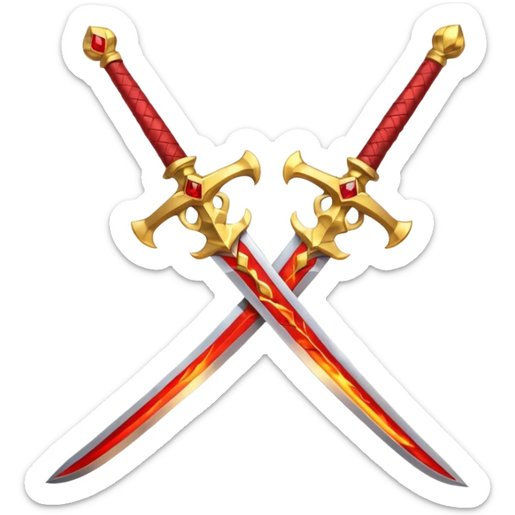 Two crossed swords that are golden in blade and handle and have fiery and royal appearence to them as well as red gem stones yellow in color sticker
