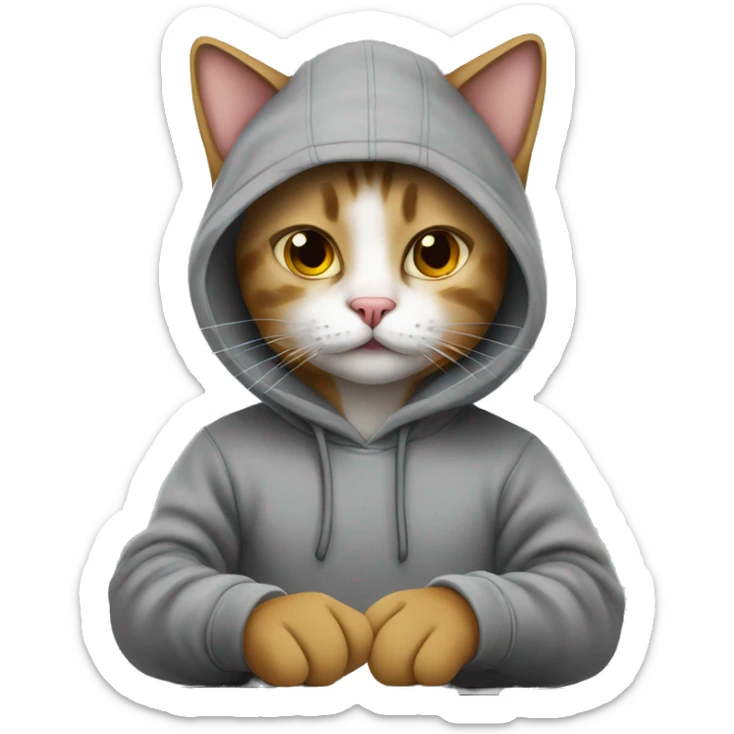cat is a graphic designer in a hoodie and headphones, working at a computer in photoshop sticker