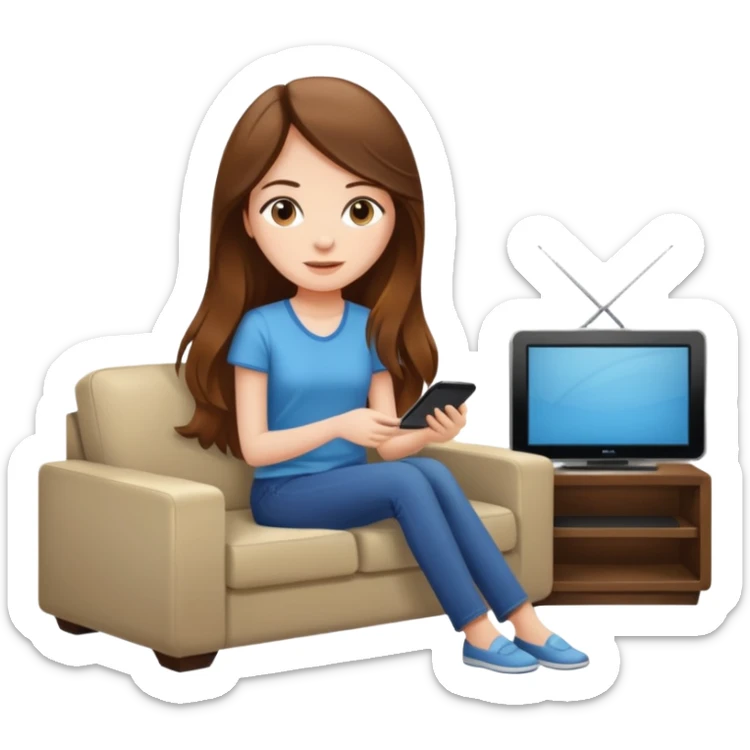 beautiful girl with long brown hair constructing new lounge room area with flat screen tv and couch sticker