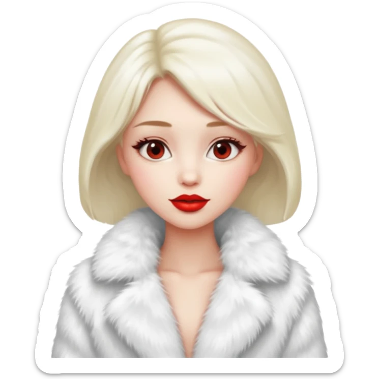 A beautiful, cute girl with red lipstick on her lips in a white fur coat,  in full view sticker