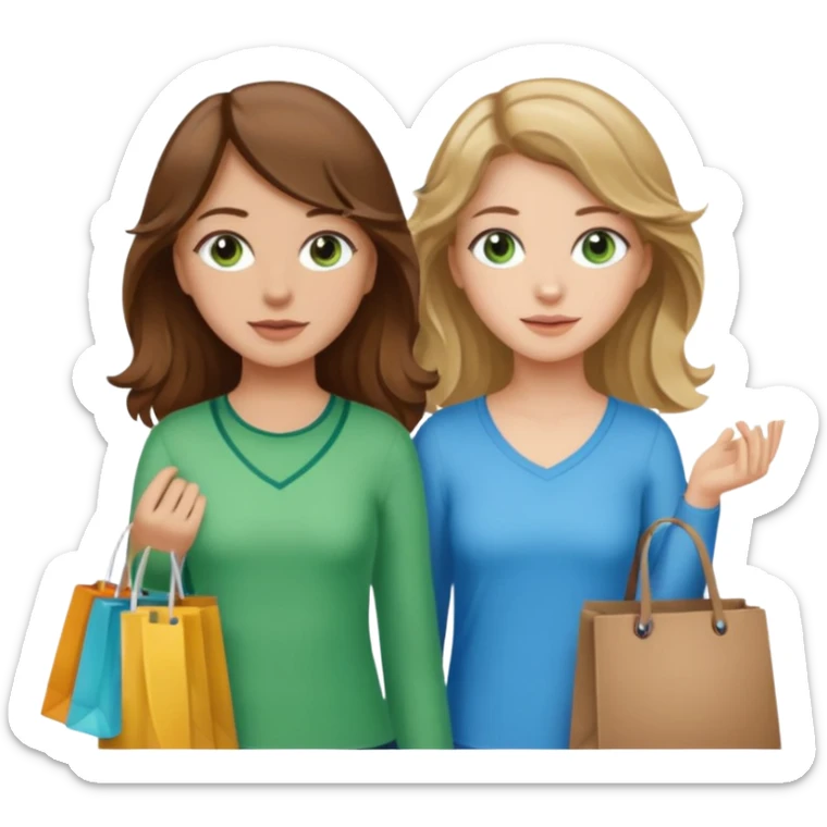 make me and my best friend togheter i have brown hair that falls on my shoulders and BROWN eyes and she has really long wavy brown hair with a little blonde and green/blue eyes we are shopping and i have BROWN eyes and i am taller than her sticker