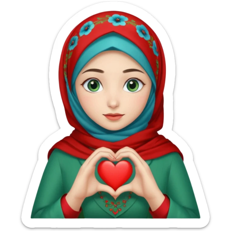 Turkish beautiful finish Konya girl blue eyes with poppy floral hijab and green red dress and she make heart with hands sticker