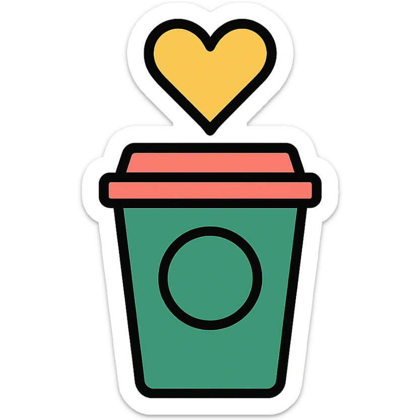 minimalist icon of a coffee cup with heart-shaped steam, inspired by Starbucks, representing love for coffee sticker
