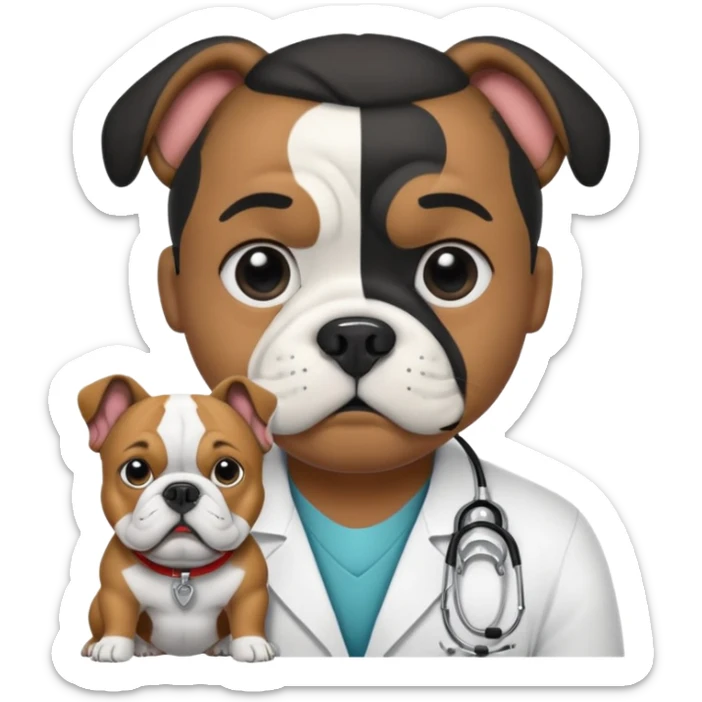 joven médico con el pelo un poco largo pero no tanto y lacio, que tenga un estetoscopio de color de piel tez negra calida !!! que sostiene un bulldog francés blanco y negro  sticker