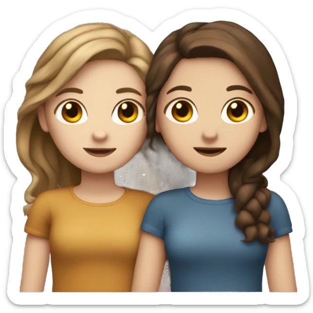 Two girls with white skin hugging each other one has wavy brown hair and the other has straight brown hair sticker