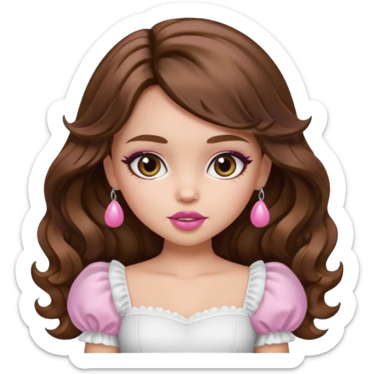 generate a pretty bratz girl with in a white puff sleeve top. Pink lipgloss. Brown wavy hair long.  sticker