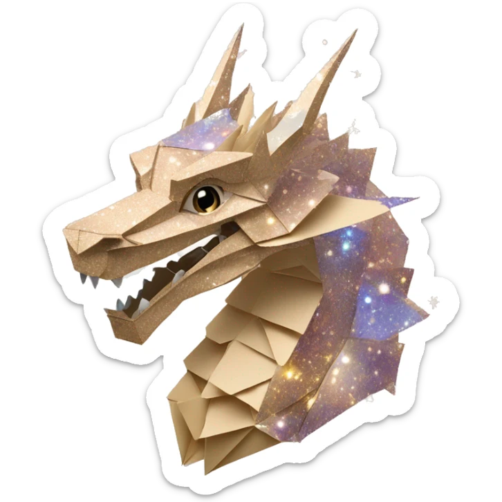 Sparkling patterned Beige Origami dragon with a dried flower crown made of newspapers intricate patterns surrounded by fairy lights nebula galaxy stars swirls iridescent holographic  sticker