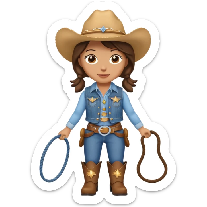 A cuddly cowgirl plush toy with denim vest, cowboy boots and a lasso sticker