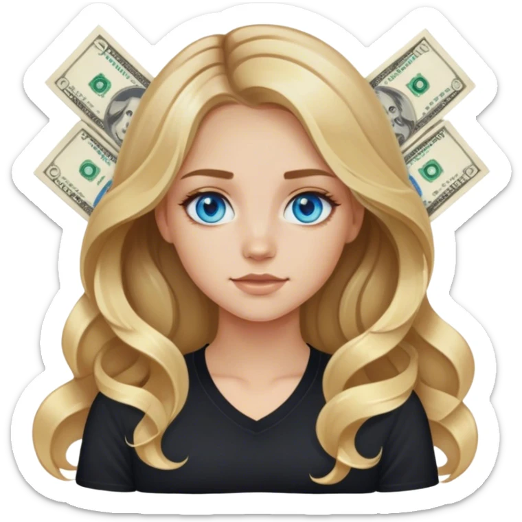 blonde polish girl, long wavy brown to blonde ombré hair in a middle part with money pieces, blue eyes, black shirt  sticker