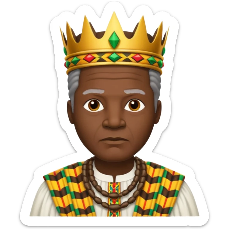Create an emoji of an old African king wearing kente cloth and white shirt sticker