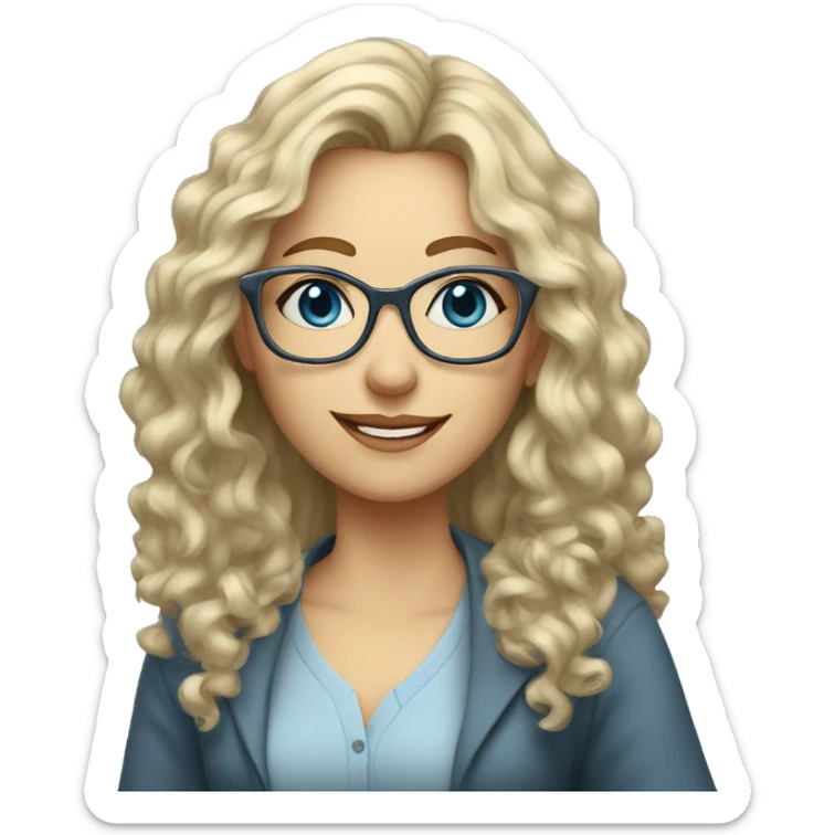 Woman teacher blonde gray long curly hair glasses blue eyes with book sticker