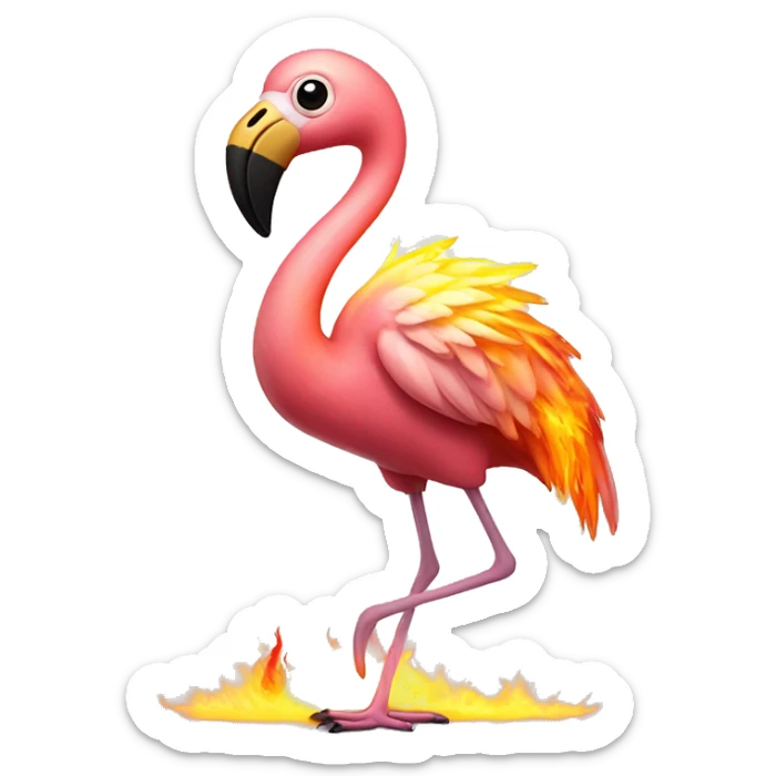 An flamingo with the head of an owl with some fire glowing at the end of his wings sticker
