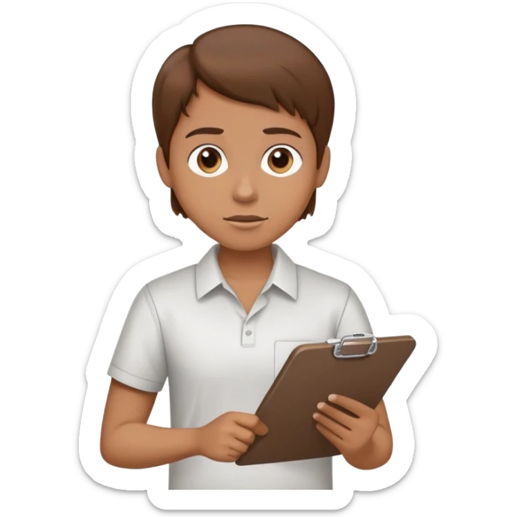 Intern or volunteer with brown hair holding a clipboard and pencil, ready to take notes or assist. The character wears a simple shirt and has an eager posture sticker