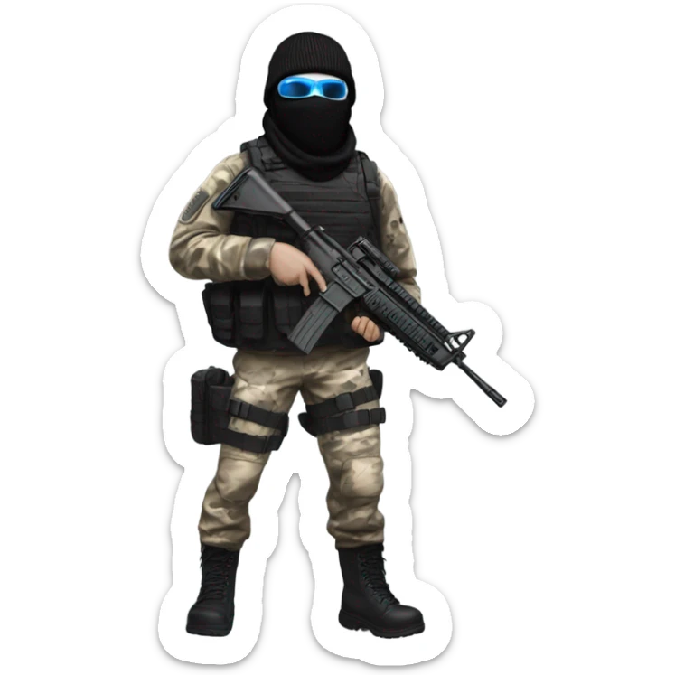 male, pale skin, call of duty black face mask, camo tactical gear, combat boots, black beanie, blue eyes sticker