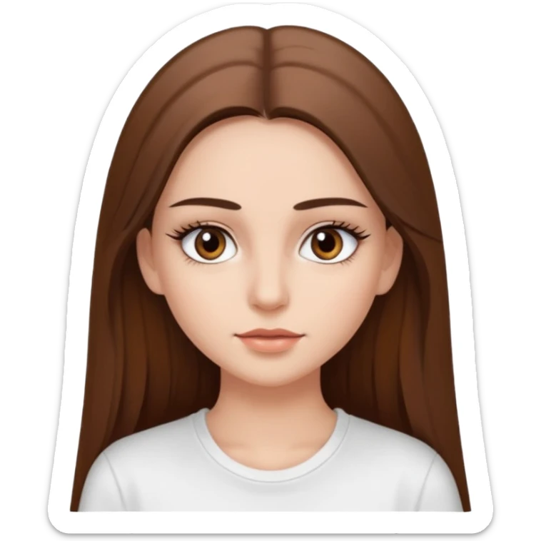 Chica de pelo liso ,largo y marrón con ojos color marrón  y una camiseta blanca y la piel blanca con pestañas y maquillada clean look sticker