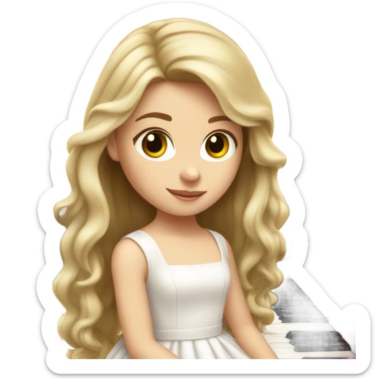 white girl with long hair and white soft dress and hair bow playing piano sticker