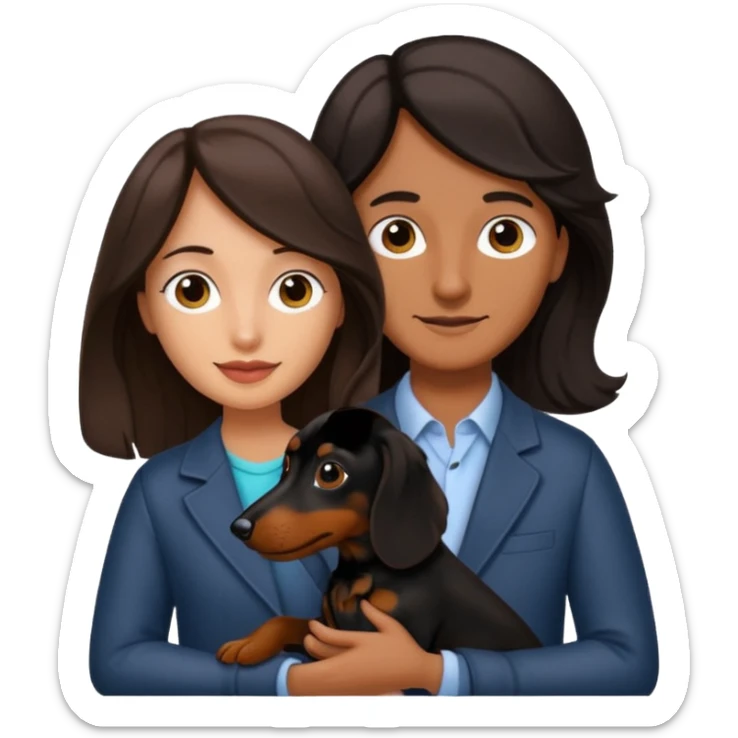A dark brown long haired a lil bit wavy hair holding a daschund dog black sticker