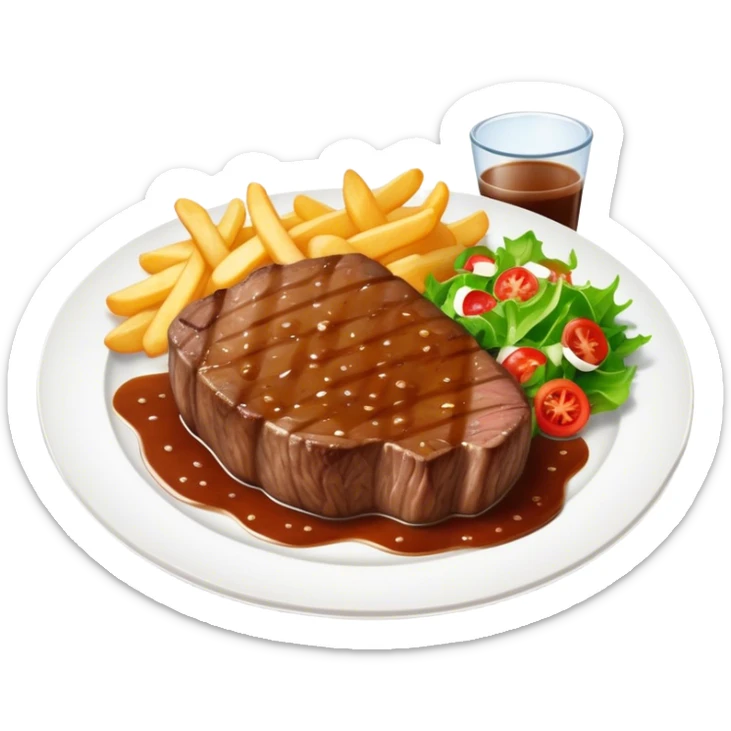 big juicy australian steak meal featuring chips, small salad in a ramiken and gravy  sticker