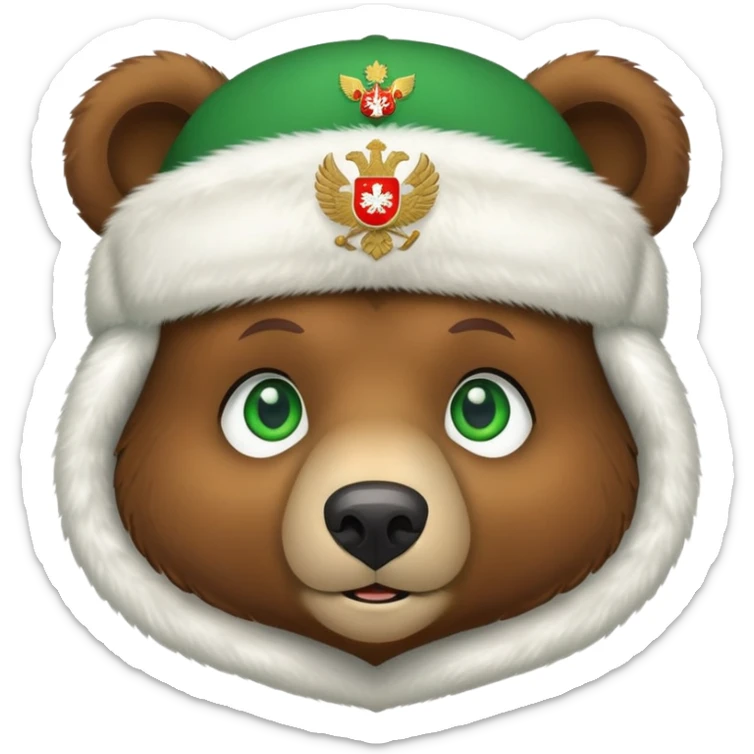 Cute brown bear head with green eyes, wearing white fur ushanka hat with prominent Russian Federation coat of arms on front, iOS emoji style sticker