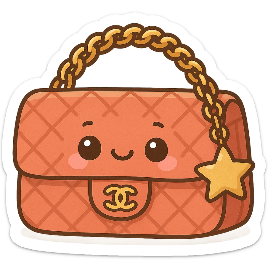 a cute and exaggerated chibi stickers style Chanel purse with a star charm and smiling face sticker