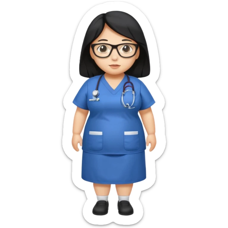 Fat old extremely Large breasted Beautiful Asian girl with long black hair and glasses wearing nurse scrubs.  Full body picture sticker