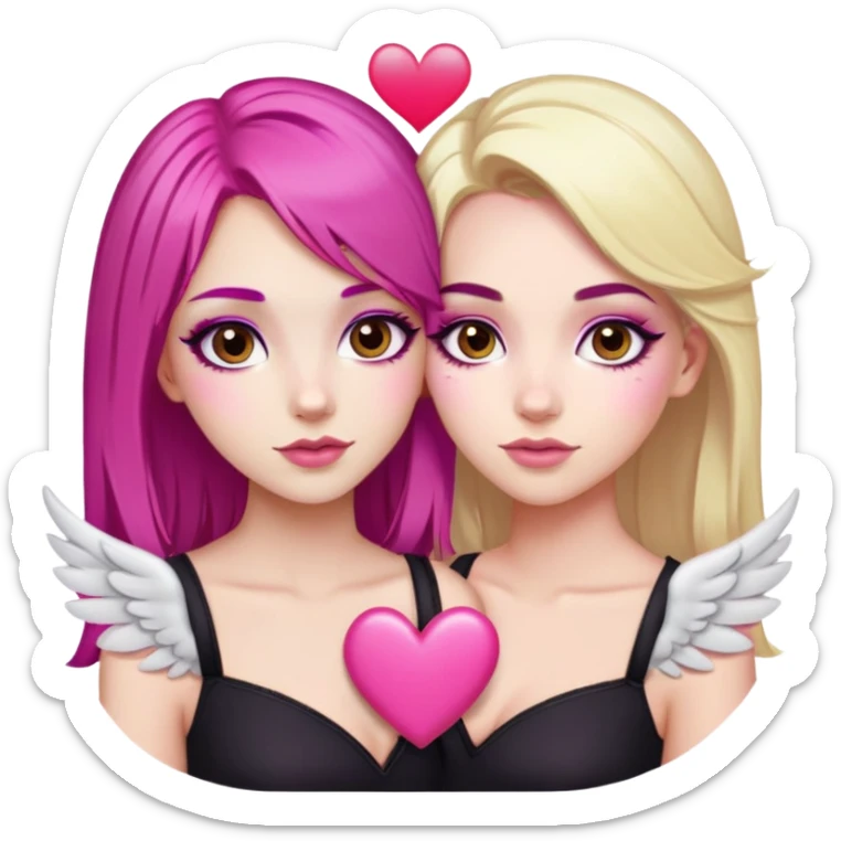 gorgeous pale girl with magenta pink hair and brown eyes winged eyeliner latina makeup next to a gorgeous blonde girl with brown eyes with a pink heart in between sticker