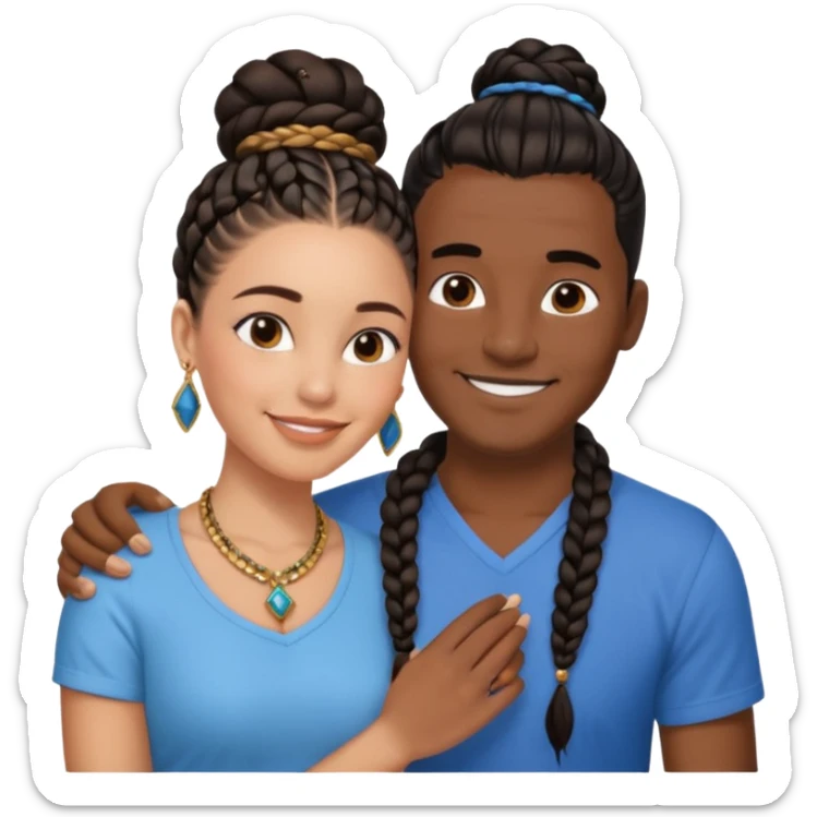 smiling embracing interracial couple from waihair in a bunn in a bunst up. dark ebony woman with long braided hair and jewelry. brazillian man short hair wearing blue. sticker