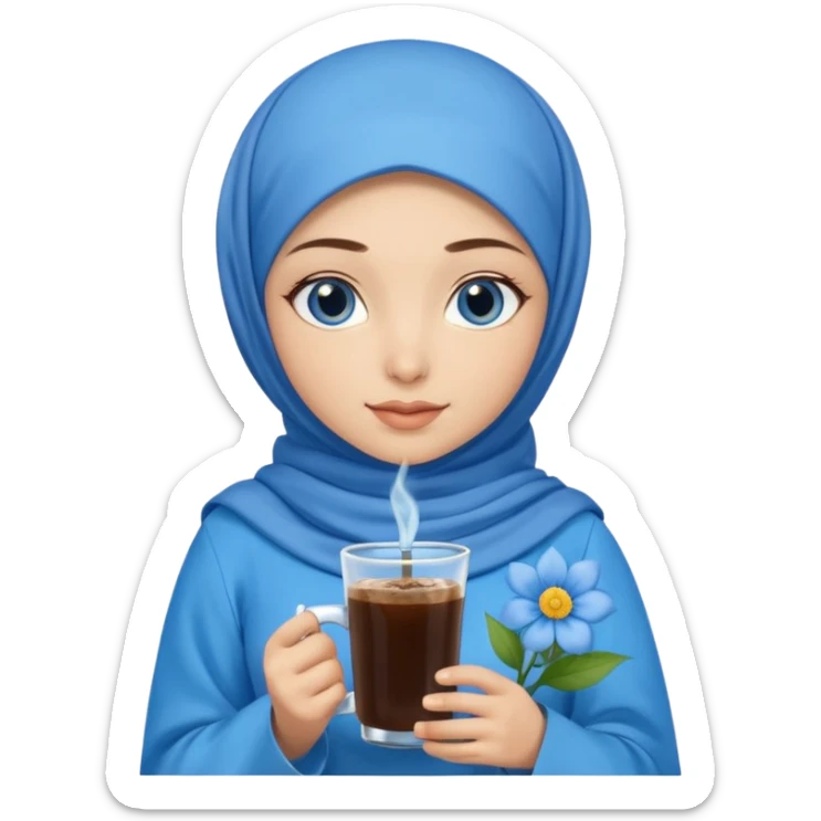 Turkish beautiful finish Konya girl blue eyes with blue hijab islamic dress and had on her hand blue flower in cold brew coffee  sticker
