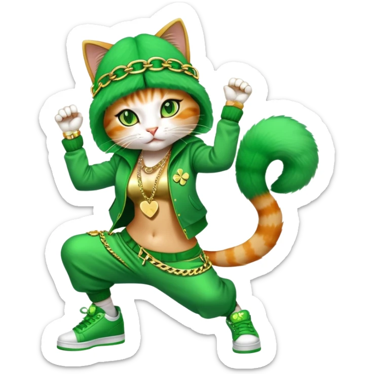female cat dressed in hip-hop Run DMC style with green outfit, shamrock accessories, gold chains, bling, St. Patrick's Day, break dancing sticker
