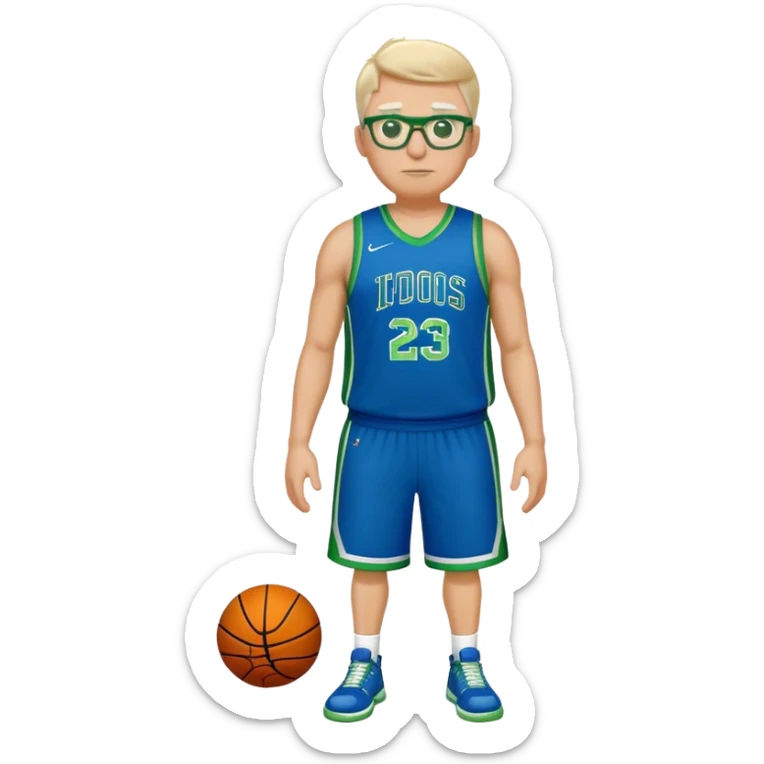 Full Body large white male basketball player wearing glasses wearing blue green uniform sticker