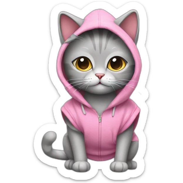 A gray plush cat. This cat is wearing a sleeveless sweater with a pink hood. He's sitting on his buttocks. Small round ears are in the hood. sticker