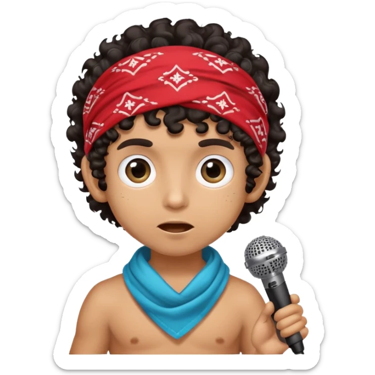ugly tan skin boy with bandana on head and dark curly hair and HUGE eyes and holding a microphone sticker