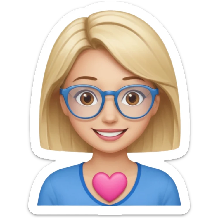 Asthectic pretty Blonde women brown eyes, blue glasses, wearing a brown top and smiling with a pink heart around her. sticker