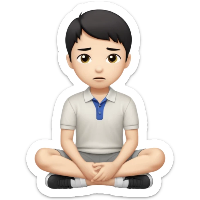 A cartoon young Asian boy with short black hair, light beige skin, and large expressive eyes, wearing a white polo shirt, gray pants, and black shoes. He sits cross-legged on the ground, one fist resting on his cheek, with a closed-mouth smirk. Clean lines, flat colors, solid black background. sticker
