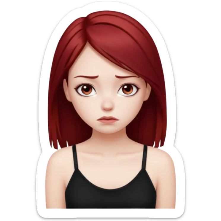 a pretty bratz fair girl with dark red straight hair, black cami top, looking sad sticker
