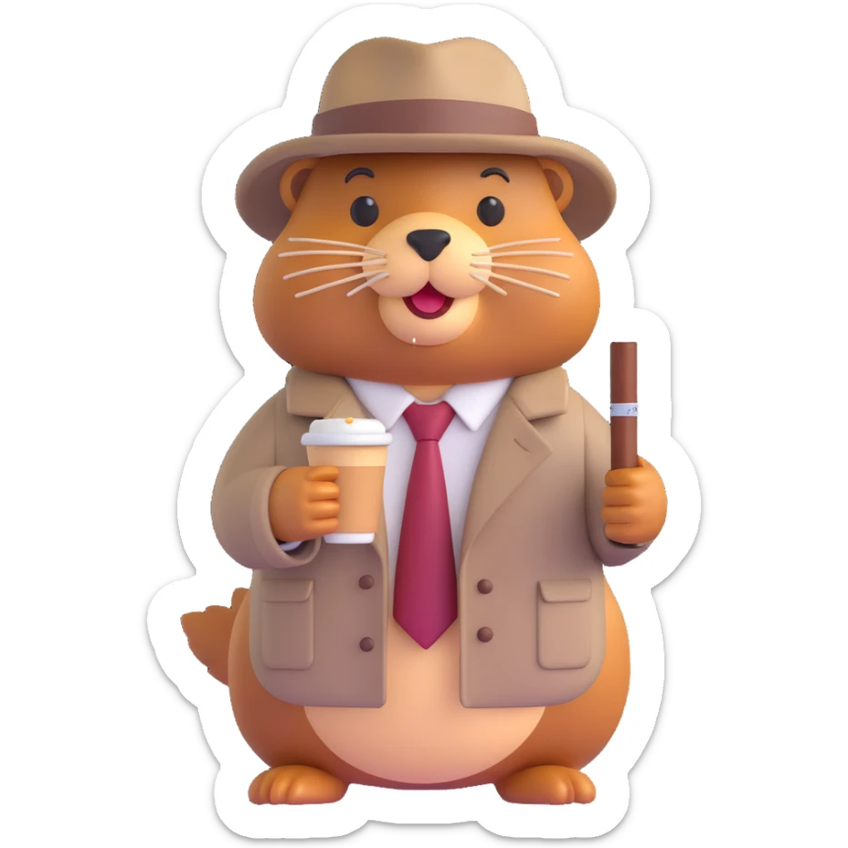 Make the beaver gangster in 3D emoji style look like he is made of cappuccino, with creamy and coffee-like textures. Keep the trench coat, tie, hat, and cigar as in the original image. sticker
