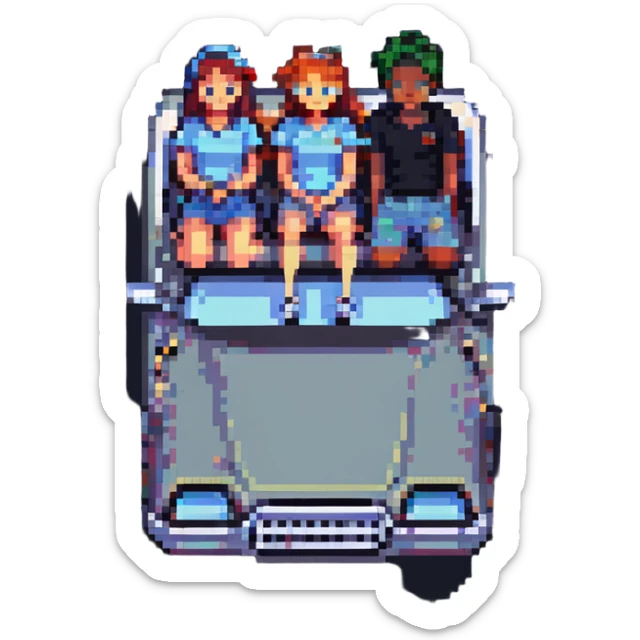 two guys laying on the hood of a car with a girl between their legs, pixel art style sticker